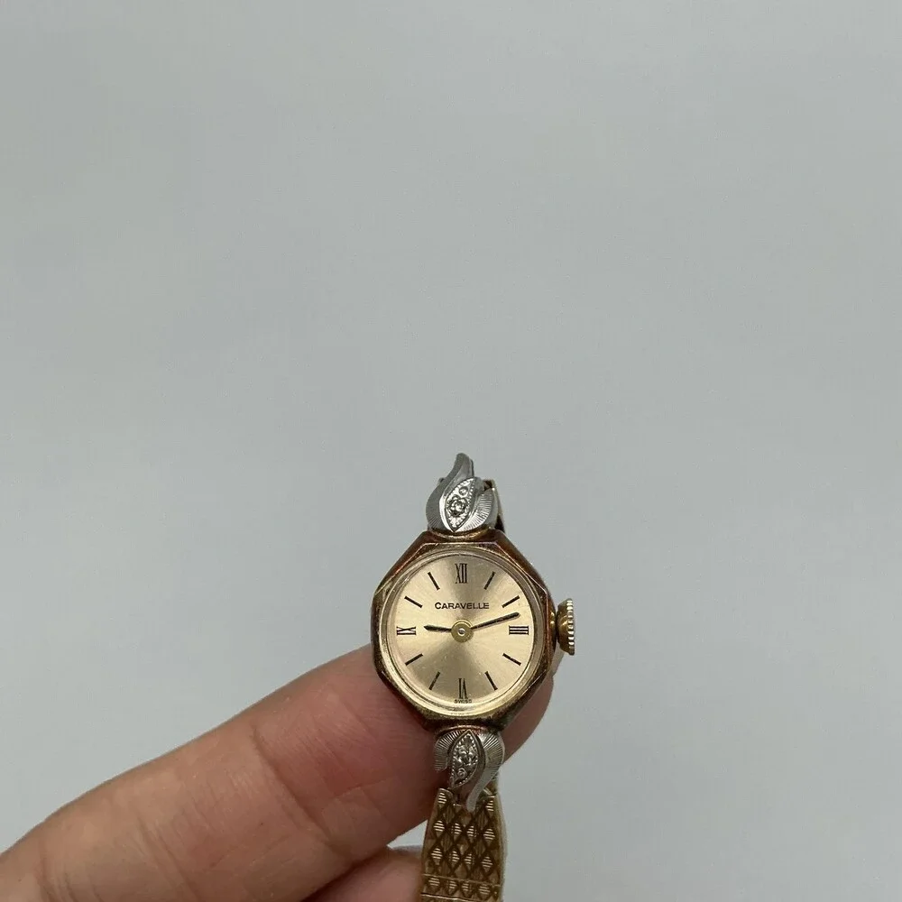 Vintage Caravelle Womens Watch 14mm Champagne Gold Tone Bracelet Diamond Manual